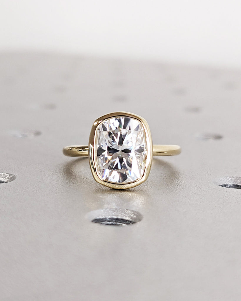 Elongated Cushion Cut Moissanite Solitaire Ring, Yellow Gold Engagement Ring, Solitaire Bezel Setting, Statement Ring, Bridal Set, Stackable