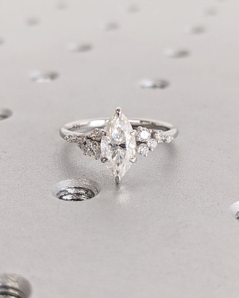 Marquise Lab Grown Diamond Gold or Platinum Engagement Ring | Unique Snowdrift 6 Prong Diamond Cluster Promise Ring | Wedding Ring for Women