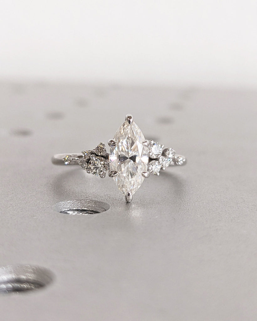 Marquise Cut Moissanite Ring Vintage Moissanite Engagement Ring Solid Gold Unique Snowdrift 6 Prongs Engagement Ring Cluster Diamond Wedding