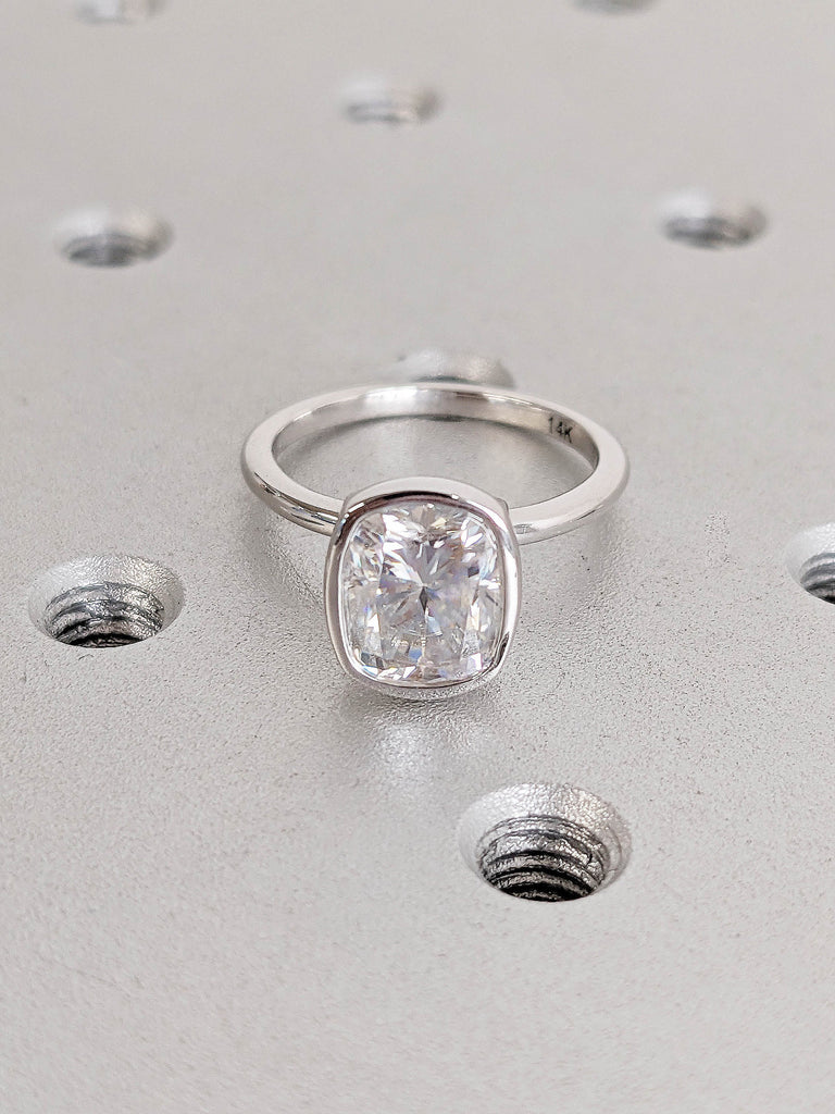 2CT Elongated Cushion Cut Moissanite Solitaire Ring | 14K White Gold Engagement Ring | Bezel Setting Statement Ring | Her Bridal Set Gift