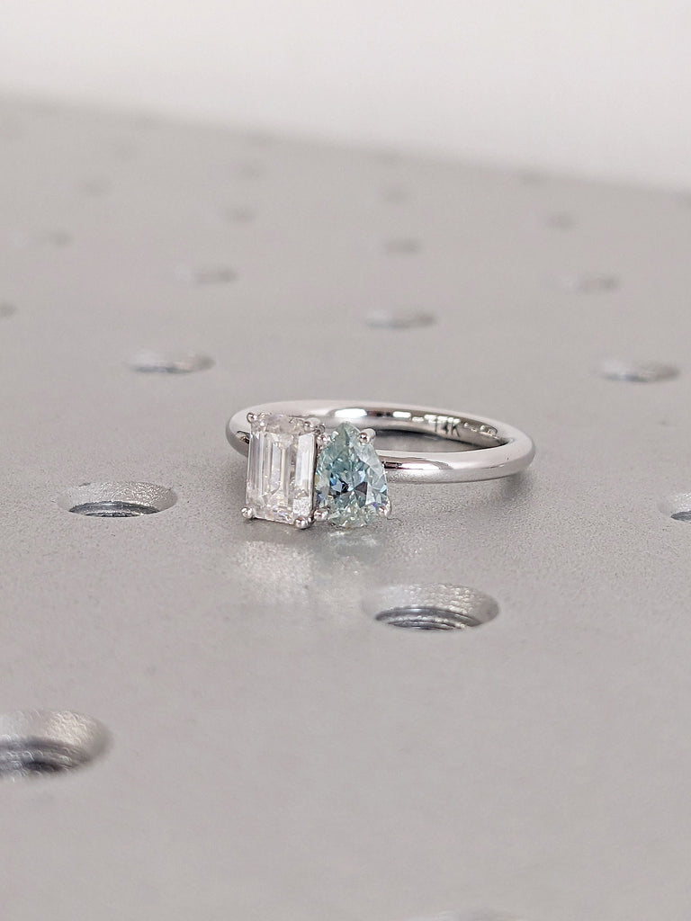 Light Blue, Colorless Toi Et Moi Moissanite Engagement Cocktail Ring | 14K 18K White Gold 2 Stone Emerald, Pear cut Diamond Promise Ring