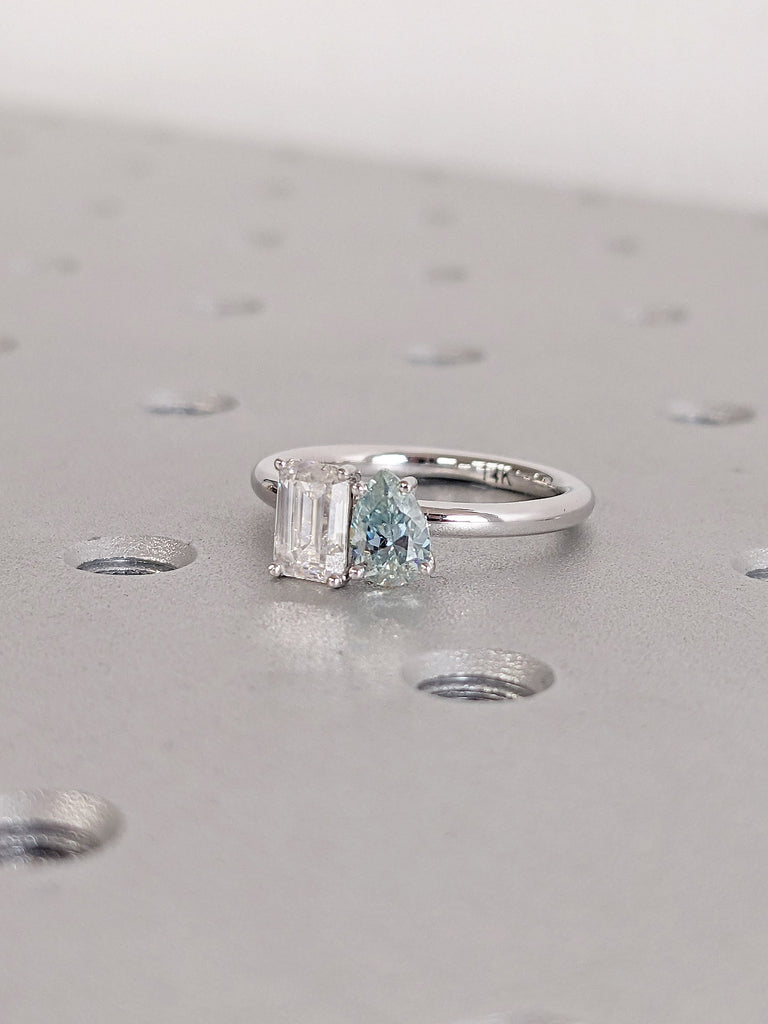 Two Stone Pear, Emerald cut Moissanite Wedding Anniversary Proposal Ring for Wife | Rounded Solid Gold Band | Unique Blue Diamond Jewelry