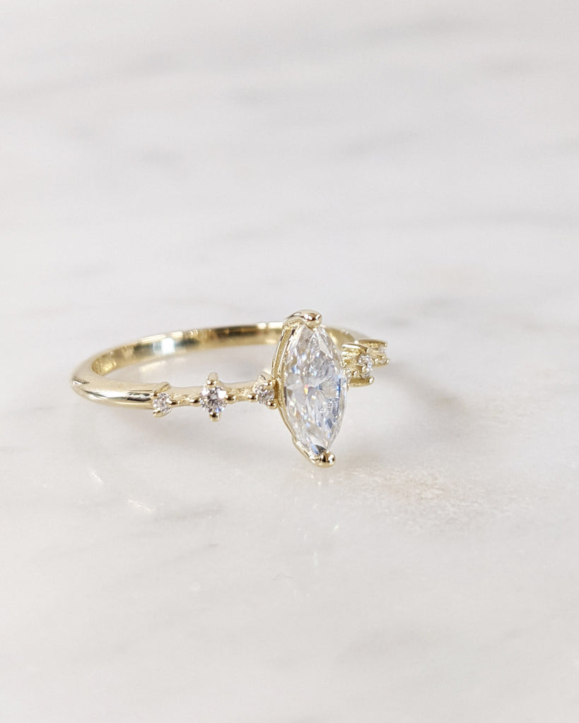 Dainty 14K Yellow Gold Antique Style Art Deco Marquise Lab Diamond Promise Ring For Her / Small Delicate Lab Diamond Womens Engagement Ring