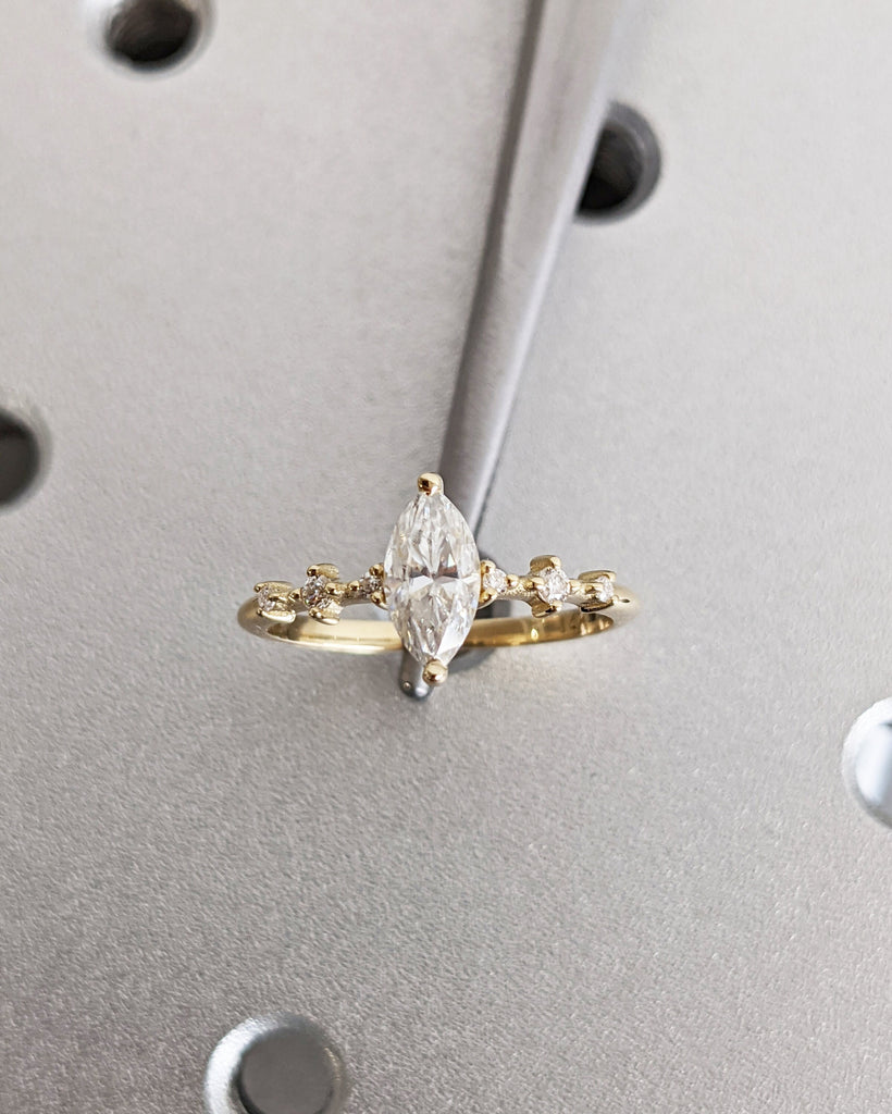 Vintage Lab Diamond Engagement Ring / Dainty 14K Yellow Gold Engagement Ring / Unique Cluster Ring Round Cut Bridal Promise Anniversary Ring