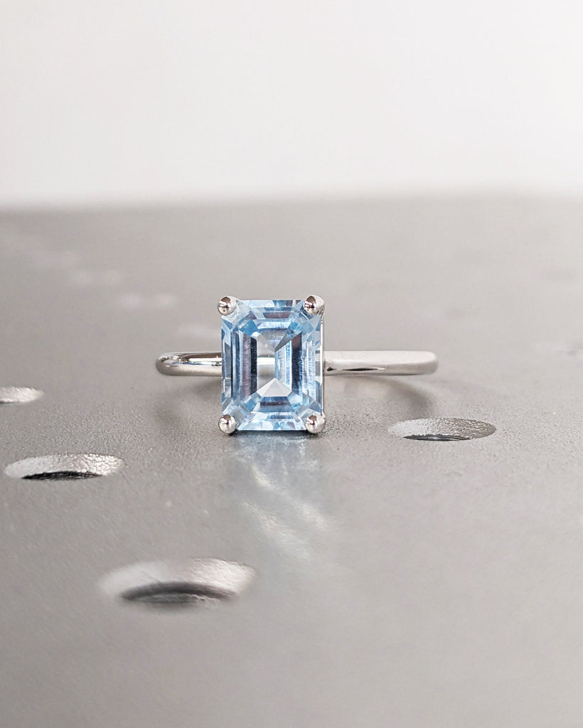 Low Profile Setting Lab Aquamarine Emerald Cut Solitaire Engagement Cocktail Ring | Yellow Gold Proposal Ring Custom Bridal Jewelry for Her