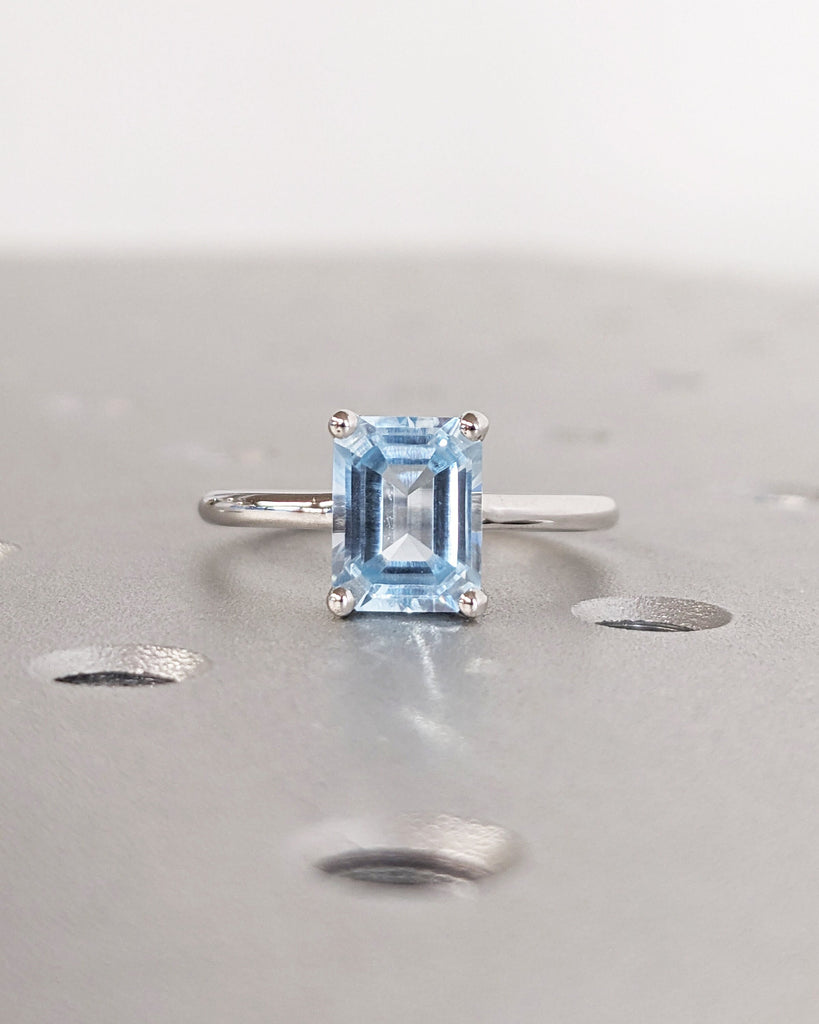 Low Profile Setting Lab Aquamarine Emerald Cut Solitaire Engagement Cocktail Ring | Yellow Gold Proposal Ring Custom Bridal Jewelry for Her