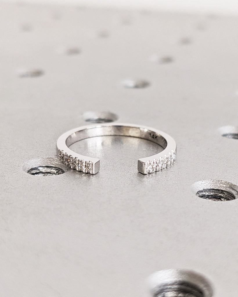 Open Gap Round Diamond Matching Engagement Ring, 14K Solid White Gold Pavé Wedding Band, Dainty Promise Ring