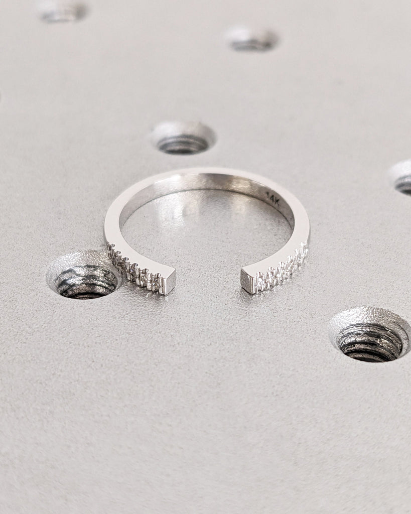 Open Gap Round Diamond Matching Engagement Ring, 14K Solid White Gold Pavé Wedding Band, Dainty Promise Ring