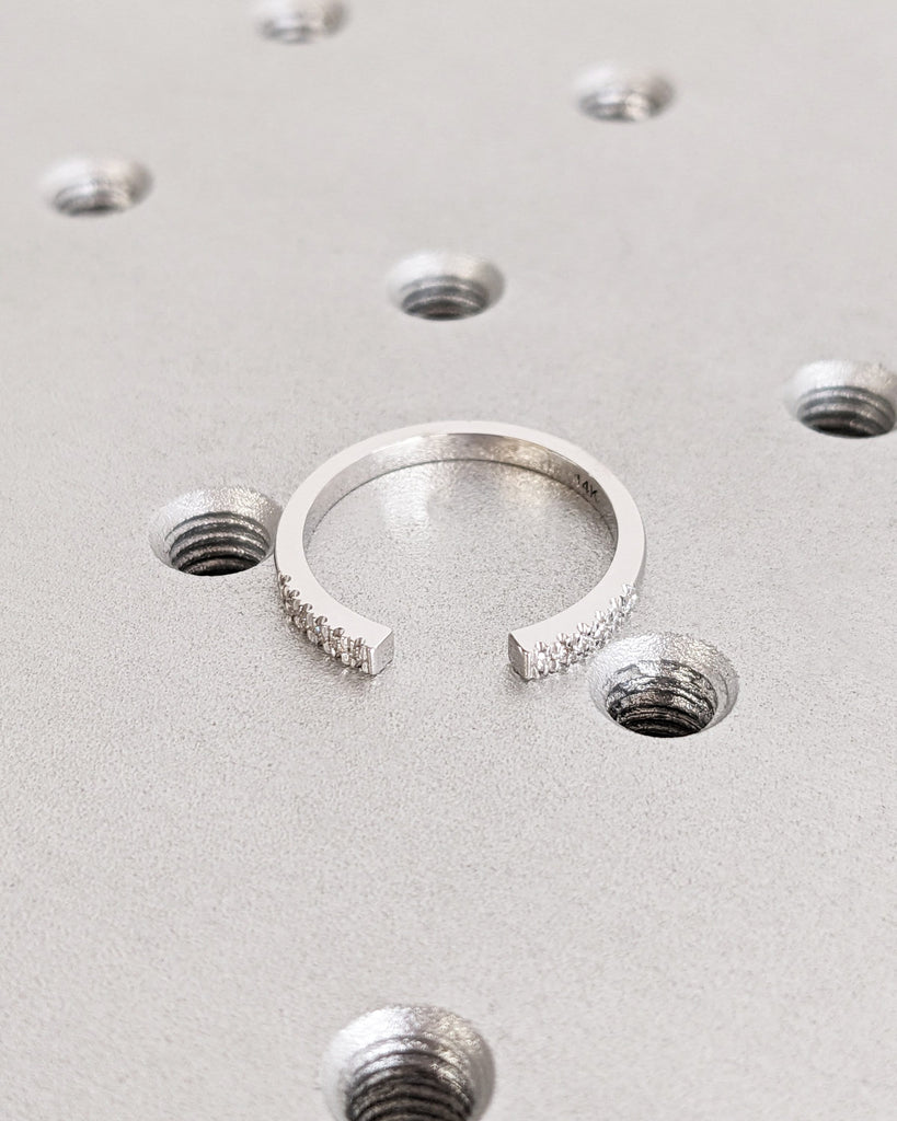 Open Gap Round Diamond Matching Engagement Ring, 14K Solid White Gold Pavé Wedding Band, Dainty Promise Ring