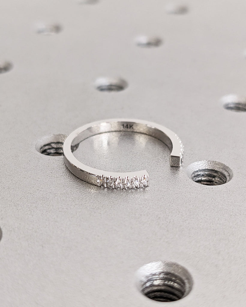 Open Gap Round Diamond Matching Engagement Ring, 14K Solid White Gold Pavé Wedding Band, Dainty Promise Ring