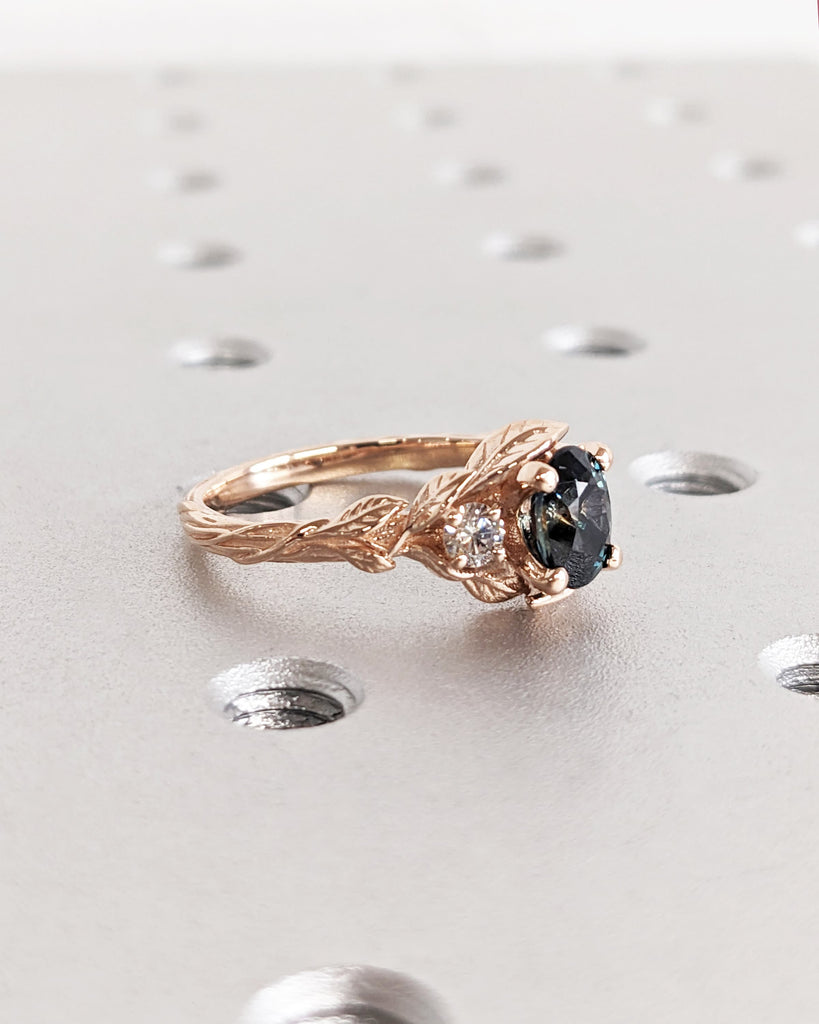 Blue Green Sapphire Ring. Peacock Engagement Ring. Oval Teal Sapphire Ring. 14K Rose Gold Engagement Ring. Cluster Diamond Ring. Art Deco.