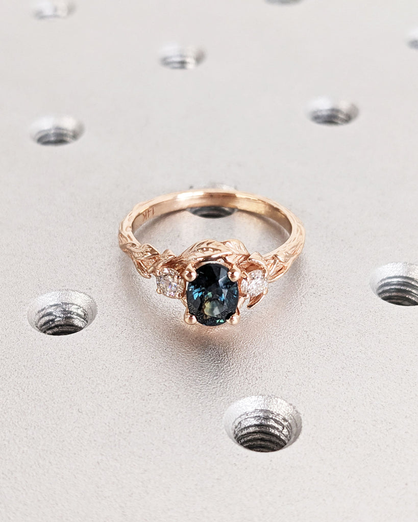 Blue Green Sapphire Ring. Peacock Engagement Ring. Oval Teal Sapphire Ring. 14K Rose Gold Engagement Ring. Cluster Diamond Ring. Art Deco.