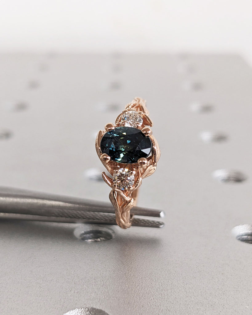 Blue Green Sapphire Ring. Peacock Engagement Ring. Oval Teal Sapphire Ring. 14K Rose Gold Engagement Ring. Cluster Diamond Ring. Art Deco.