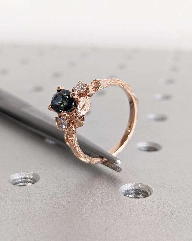 Blue Green Sapphire Ring. Peacock Engagement Ring. Oval Teal Sapphire Ring. 14K Rose Gold Engagement Ring. Cluster Diamond Ring. Art Deco.