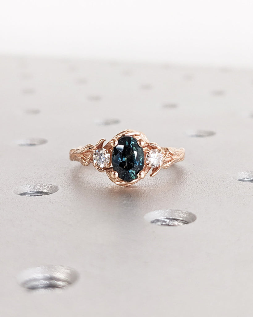 Blue Green Sapphire Ring. Peacock Engagement Ring. Oval Teal Sapphire Ring. 14K Rose Gold Engagement Ring. Cluster Diamond Ring. Art Deco.