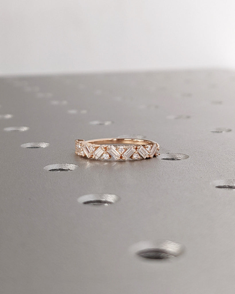 14k Rose Gold Stacking Ring, Diamond Wedding Band, Half Eternity Baguette Ring, Moissanite Matching Rings for Women, Baguette Wedding Band