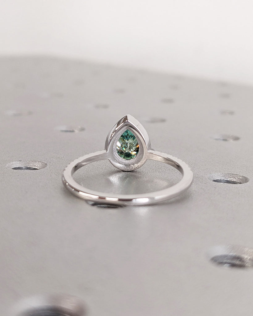 Teal Moissanite Pear cut 14k White Gold Engagement Ring | Moissanite and Lab Created Alexandrite Bridal Stacking Ring Set | Art Deco Jewelry