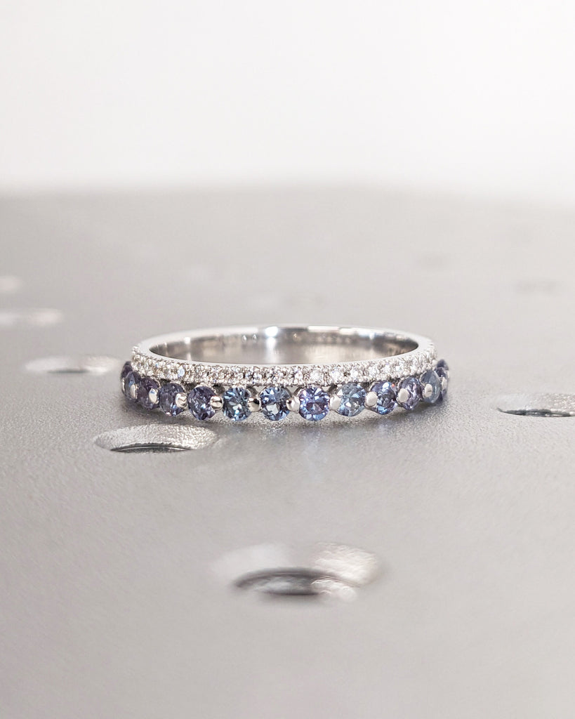 Unique Lab Alexandrite and Moissanite Half Eternity Double Wedding Band | Solid White Gold Diamond Eternity Stacking Wedding Ring for Woman