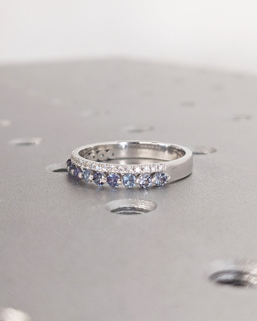 Unique Lab Alexandrite and Moissanite Half Eternity Double Wedding Band | Solid White Gold Diamond Eternity Stacking Wedding Ring for Woman