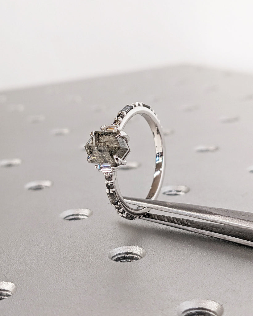 Galaxy Raw Salt and Pepper Diamond Ring- Hexagon Diamond Engagement Ring- Unique Bridal Geometric Diamond Promise Ring- Custom Handmade Ring