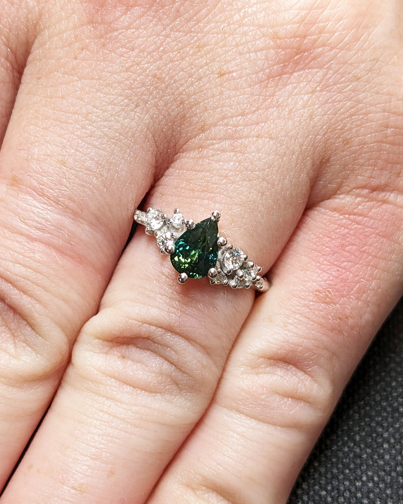 One of a Kind Montana Sapphire Ring, Pear Teal Sapphire, Snowdrift Cluster Ring Six-Prong, Vintage Inspired Peacock Sapphire Engagement Ring