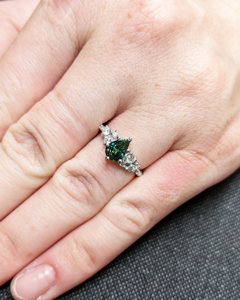 One of a Kind Montana Sapphire Ring, Pear Teal Sapphire, Snowdrift Cluster Ring Six-Prong, Vintage Inspired Peacock Sapphire Engagement Ring