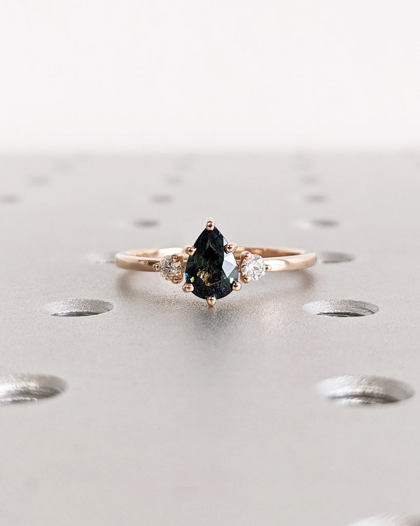 Pear Cut Green Sapphire with Diamond Engagement Cocktail Ring for Her | 14K 18K Rose Gold Women Wedding Band | Alternative Bridal Jewelry