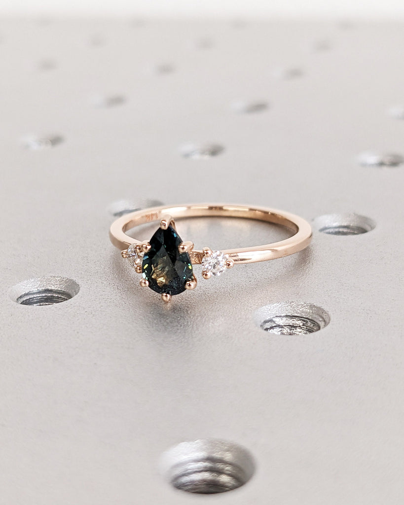 Pear Cut Green Sapphire with Diamond Engagement Cocktail Ring for Her | 14K 18K Rose Gold Women Wedding Band | Alternative Bridal Jewelry