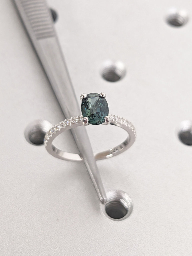 Blue Green Gemstone Crystal Promise Ring for Her | Natural Sapphire Solitaire Proposal Ring | 14K White Gold Diamond Wedding Ring