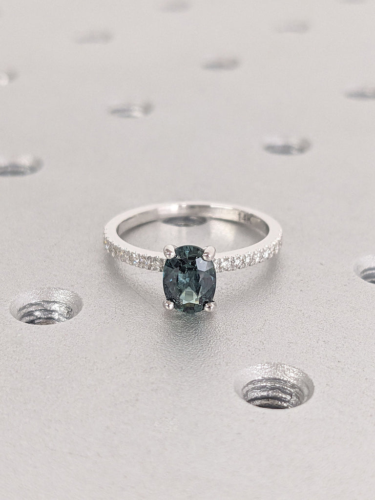 Oval cut Natural Blue Green Sapphire Engagement Cocktail Ring | Solid Gold, Platinum Diamond Eternity Wedding Band | Timeless Women Jewelry