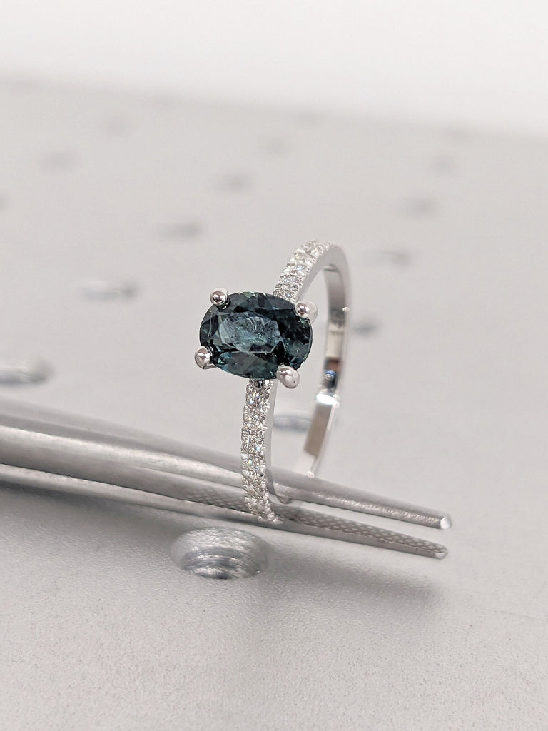 Oval cut Natural Blue Green Sapphire Engagement Cocktail Ring | Solid Gold, Platinum Diamond Eternity Wedding Band | Timeless Women Jewelry