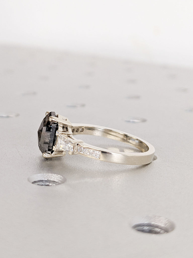 Vintage Salt and Pepper Diamond Engagement Ring | Hexagon Cut Gems Art Deco Diamond Wedding Band | 3 Stone Unique Women Promise Ring Gift