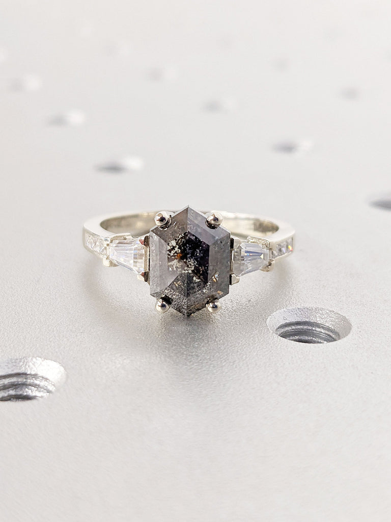 Vintage Salt and Pepper Diamond Engagement Ring | Hexagon Cut Gems Art Deco Diamond Wedding Band | 3 Stone Unique Women Promise Ring Gift