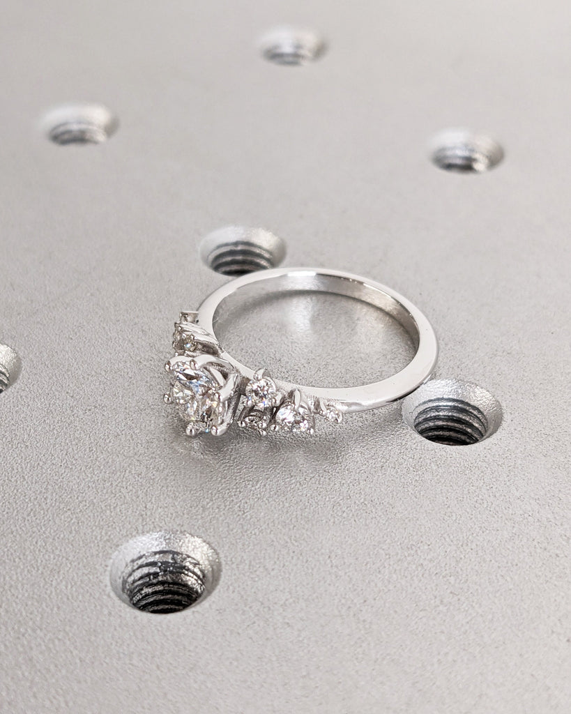 Round Lab Diamond Wedding Anniversary Ring for Her | Personalized 18K White Gold Proposal Ring | Unique Snowdrift Moissanite Cluster Band