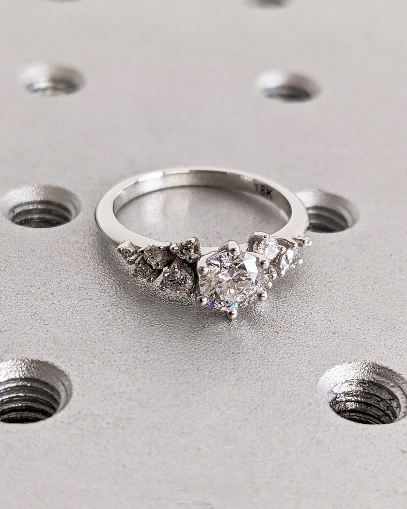 Round Lab Diamond Wedding Anniversary Ring for Her | Personalized 18K White Gold Proposal Ring | Unique Snowdrift Moissanite Cluster Band