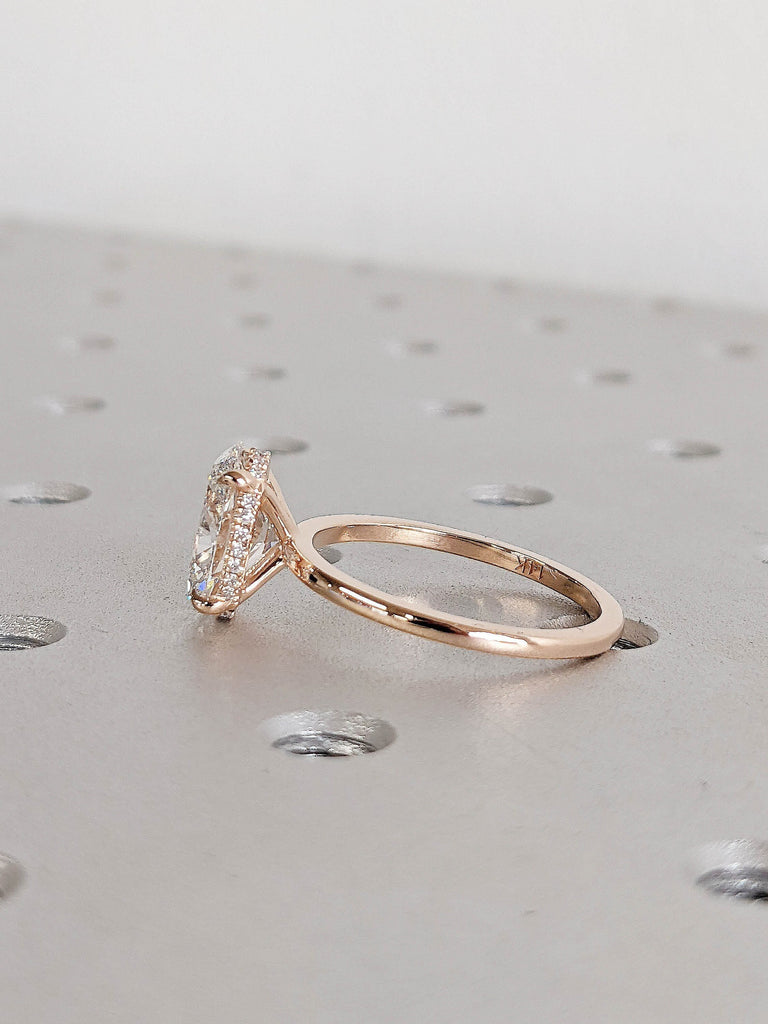 Oval Cut Lab Grown Diamond Wedding Ring with Hidden Halo in Rose Gold, Oval Engagement Ring, 4 Prong Anniversary Ring in 14K/18K Solid Gold