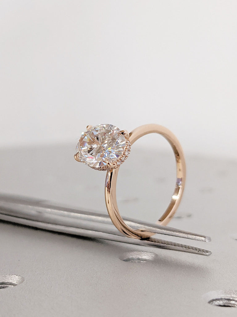 Lab Diamond Engagement Ring with Hidden Halo, Solitaire Oval Ring, Oval Cut Lab Diamond, Rose Gold Ring, 14K/18K Solid Gold, Bridal Jewelry