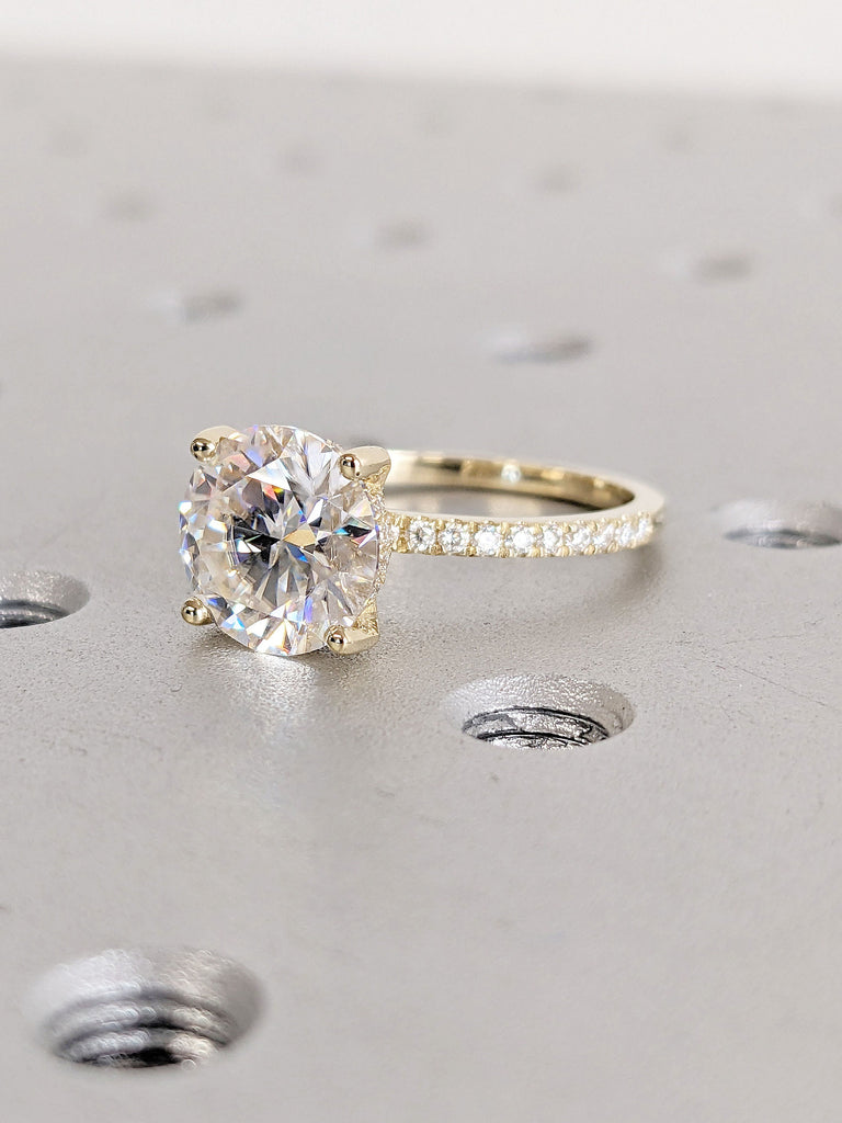 Round cut Lab Grown Diamond Engagement Ring | 1.6mm Thin Gold Band | Hidden Halo Proposal Ring | Diamond Eternity Band | Simple Promise Ring