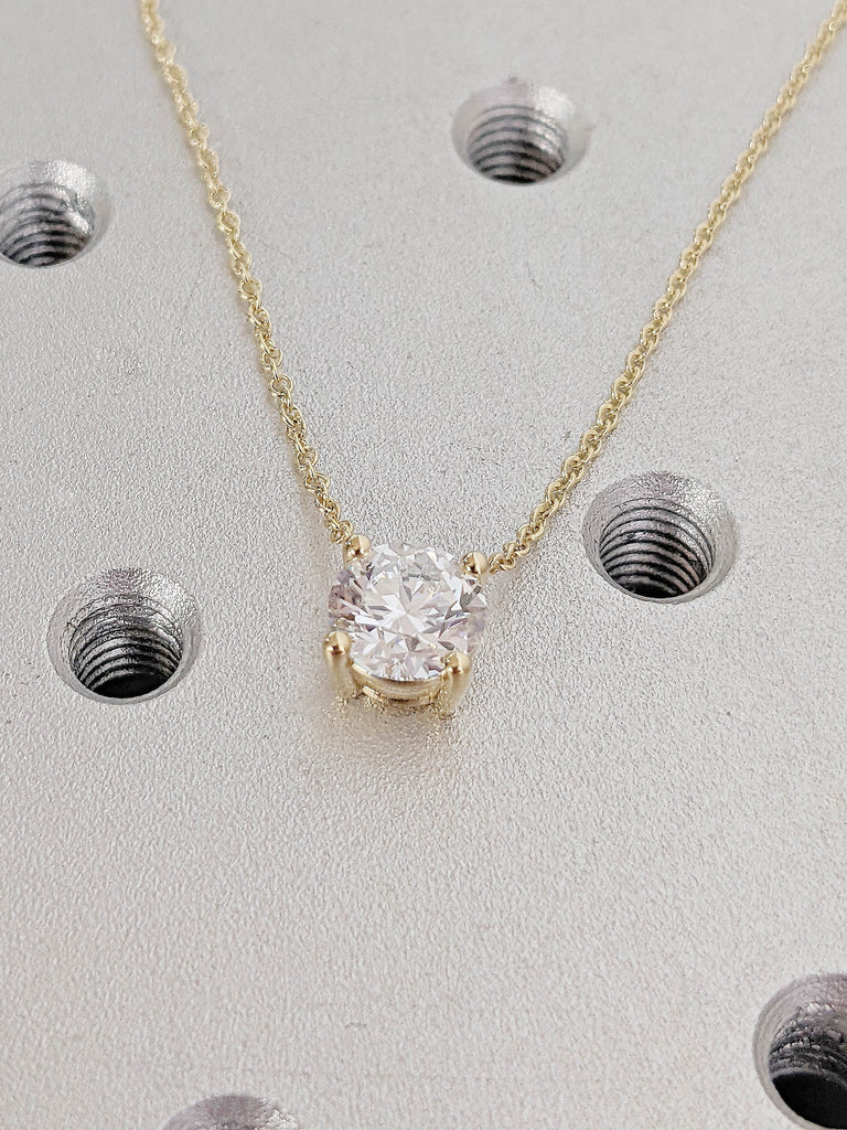 14K Yellow Gold Round Moissanite Pendant Dainty Solitaire Necklace For Her | 4 Prong Setting Charm Pendant Floating Necklace | Fine Jewelry