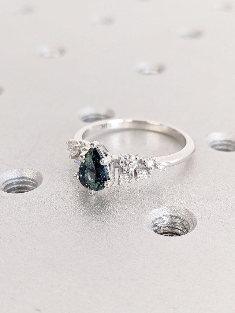 Tear Drop Natural Montana Sapphire Engagement Cocktail Ring | White Gold, Platinum Diamond Cluster Promise Ring | Snowdrift Moissanite Ring