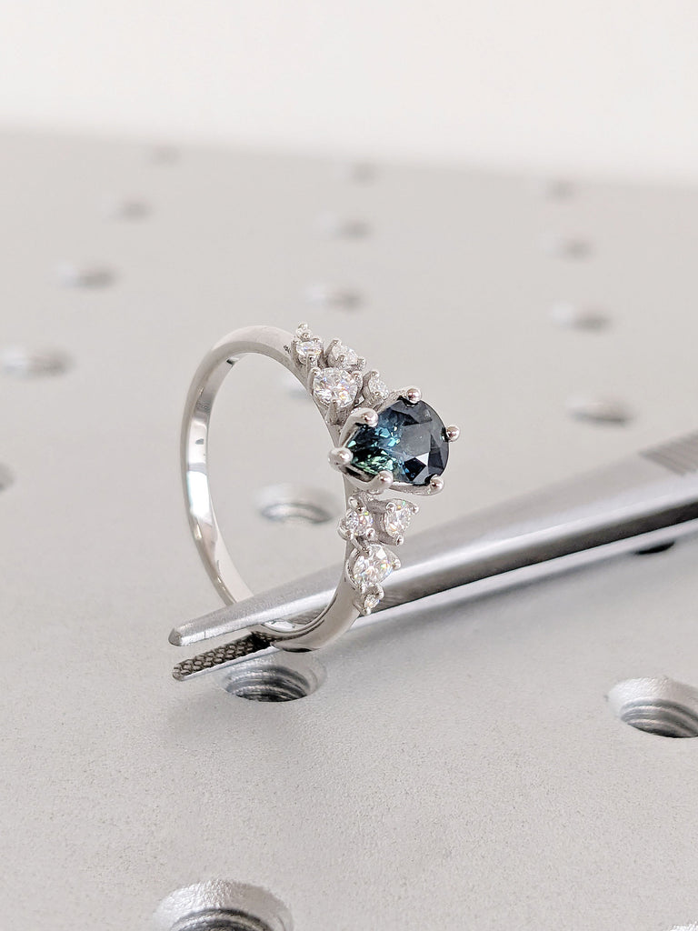 Pear cut Peacock Sapphire Women Engagement Proposal Ring | 14K White Gold Multi Stone Snowdrift Diamond Wedding Anniversary Ring for Her