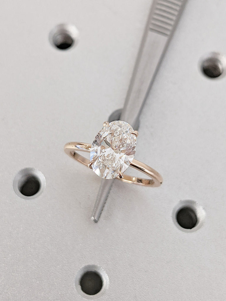 14K Rose Gold Moissanite Solitaire Hidden Halo Engagement Ring for Her | Talon Prong Setting Simple Promise Ring | Classic Oval cut Jewelry