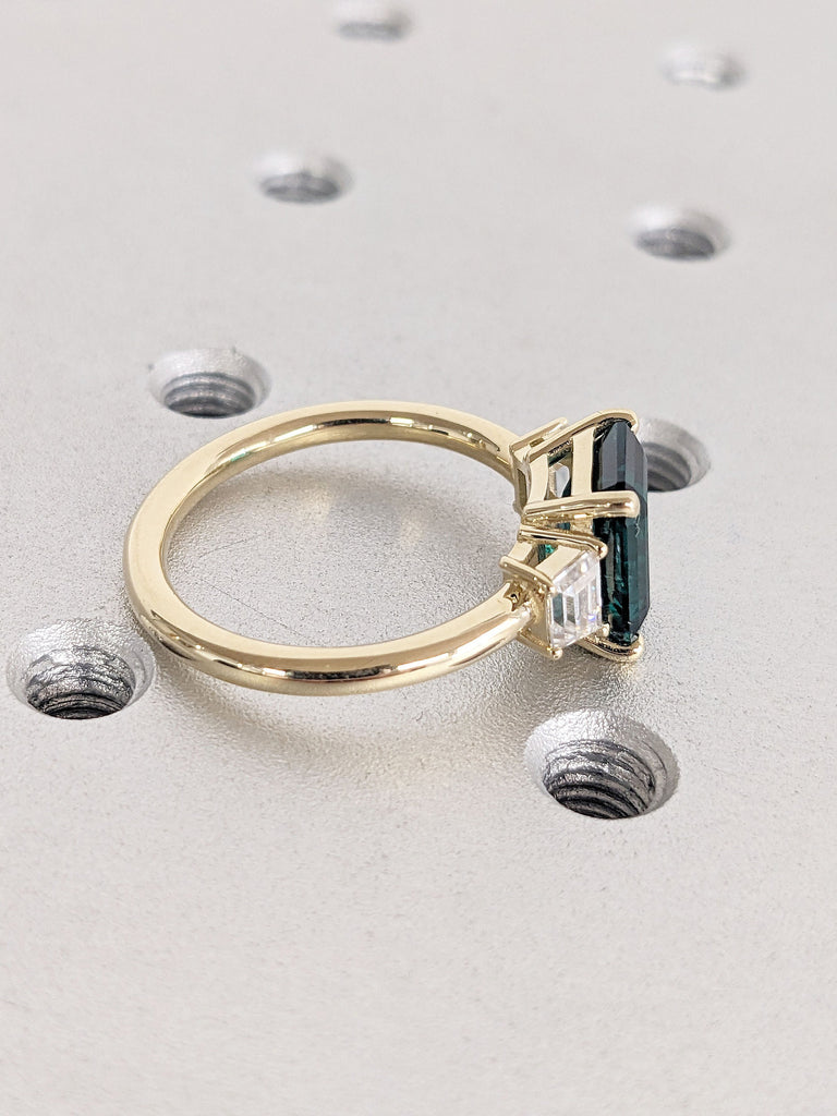 Emerald cut Green Lab Emerald 3 Stone Trilogy Women Engagement Cocktail Ring | Solid Gold, Platinum Moissanite Promise Ring Art Deco Jewelry