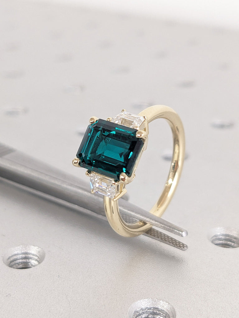 Art Deco 3ct Lab Created Emerald May Birthstone Ring Birthday Gift for Her | Multi Stone Trapezoid Moissanite Unique Proposal Ring