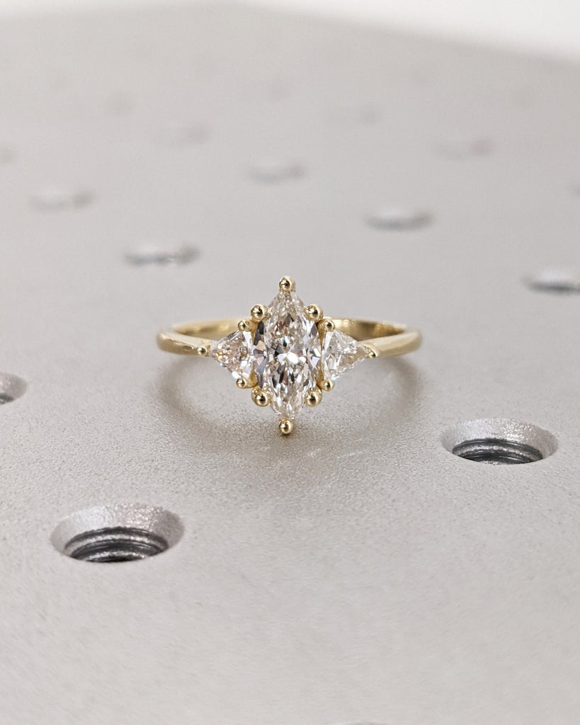 Marquise Engagement Ring, Marquise Lab Grown Diamond Trillion Geometric Engagement Ring, Wedding Ring, Anniversary Ring, 14K Yellow Gold