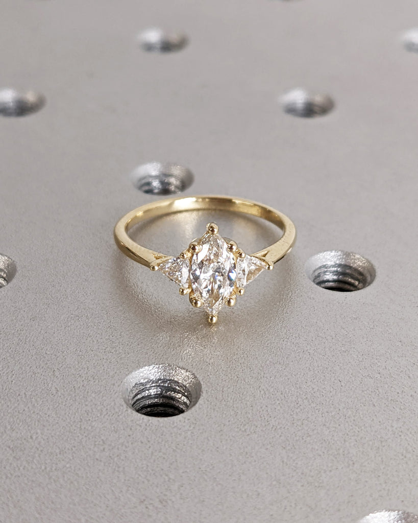 Marquise Cut Engagement Ring, Marquise Moissanite Trillion Geometric Engagement Ring, Wedding Ring, Anniversary Ring 14K Solid Yellow Gold