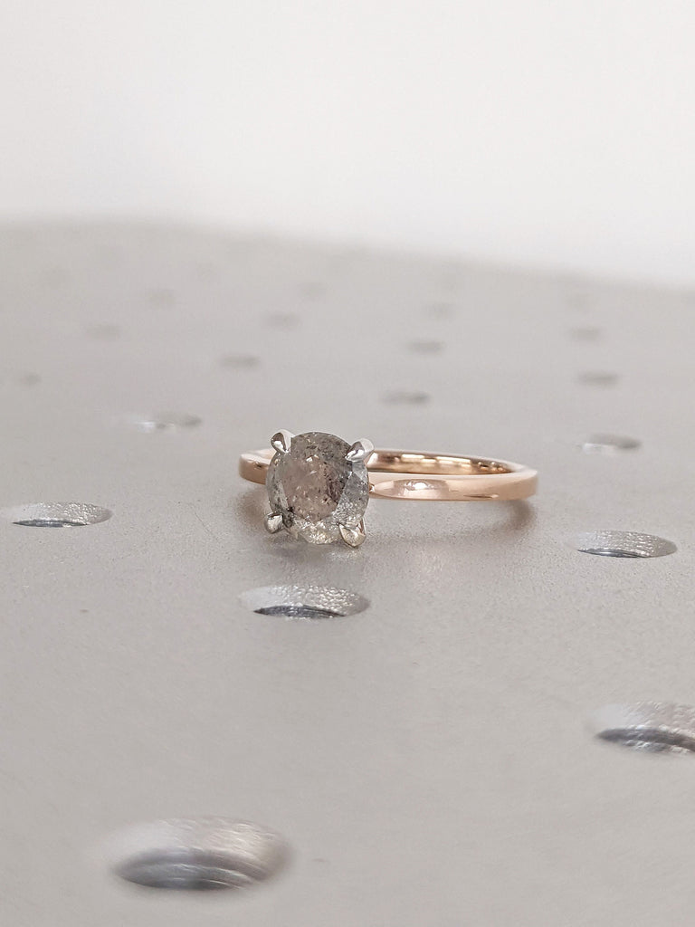 Modern Two Tone Wedding Ring / Round Salt and Pepper Diamond / 14K White and Rose Gold Engagement Ring / 4 Prong Promise Ring Summer Wedding