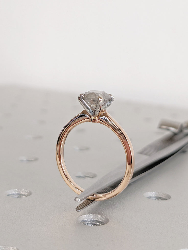 2 Tone 14K Rose Gold, White Gold Simple Diamond Promise Ring for Her | Natural Salt and Pepper Gray Diamond Wedding Ring