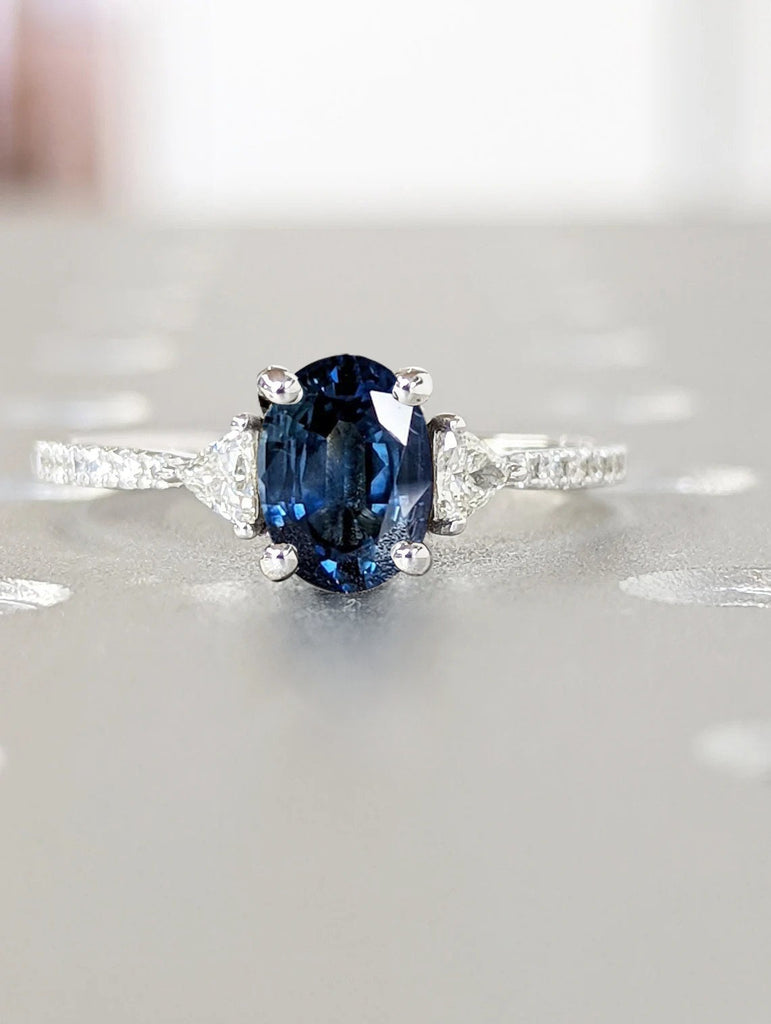 Oval cut Blue Lab Grown Sapphire Multi Stone Women Engagement Cocktail Ring | Solid White Gold, Platinum Dainty Moissanite Eternity Band