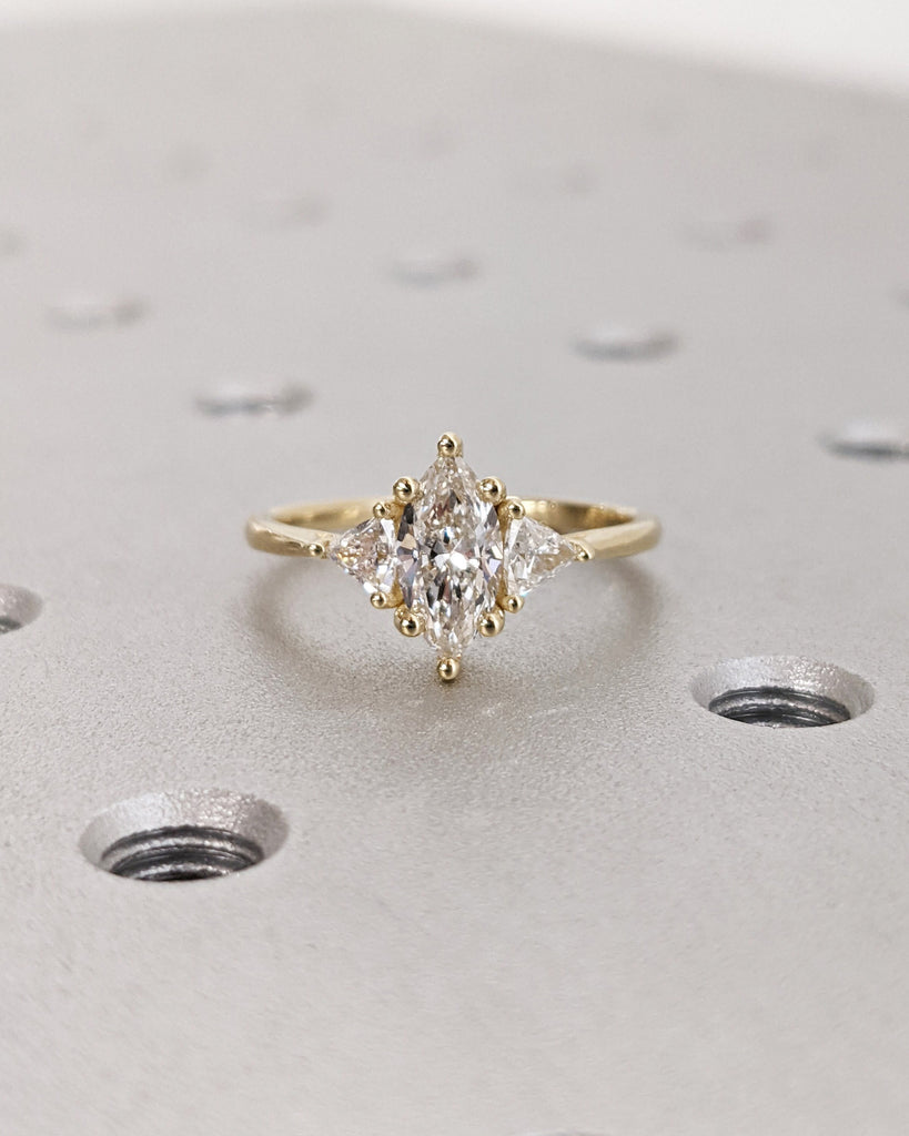 Marquise Cut Engagement Ring, Marquise Moissanite Trillion Geometric Engagement Ring, Wedding Ring, Anniversary Ring 14K Solid Yellow Gold